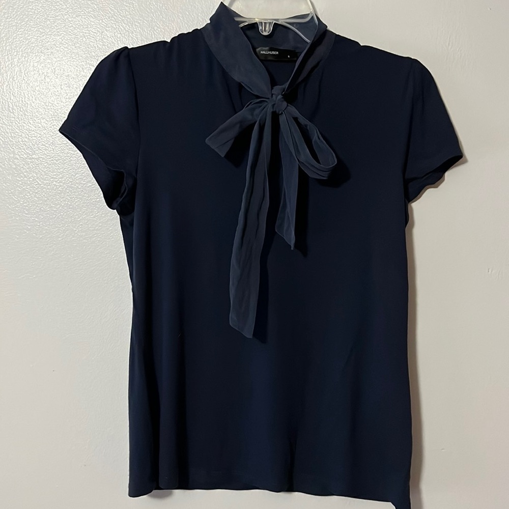 HALLHUBER Navy Short Sleeve Top Silk Tie Neck